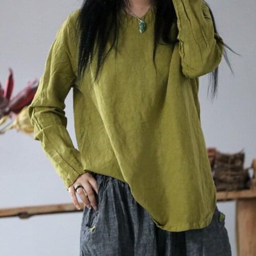 Johnature Women T-Shirts Loose Linen Solid Color Vintage Flax 2021 Spring New Solid Color V-Neck Long Sleeve Loose T-Shirts