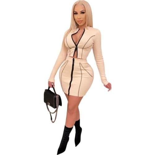 Sexy Zipper V Neck Knitted Rib Skirts Two Piece Set Long Sleeve Crop Top + Mini Skirts Bodycon Night Club Party Women Set Outfit