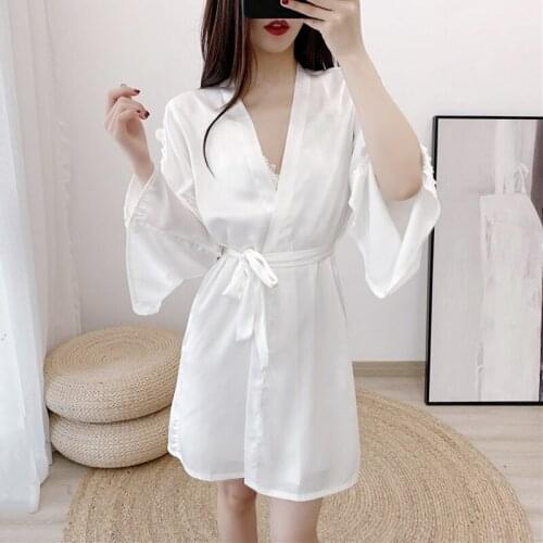 2020 new arrival female dressing gown white womens bathrobe sexy Room wear Pajamas lace sexy night dress hollow sleeve FG063