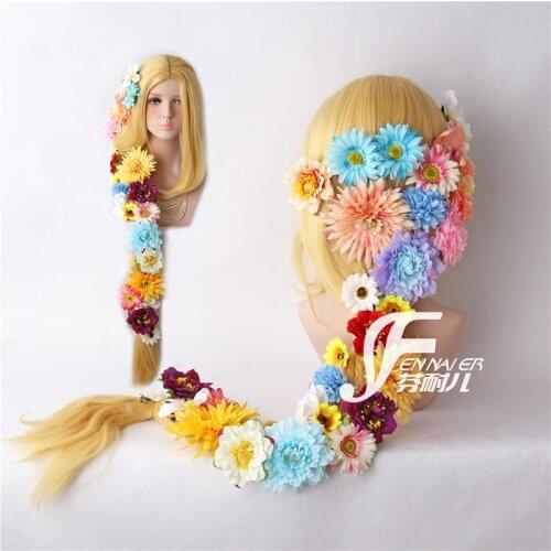 Princess Tangled Rapunzel Cosplay Wig Blonde Braid Hair Long Golden Braid Hair With 30 Piece Flowers For Women Halloween Party
