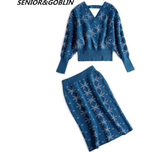 2019 Autumn Winter knitted 2 Piece Set Women Lantern Sleeve Sexy V-neck Sweater Elastic Waist knitted Skirt Female Sweater Suit