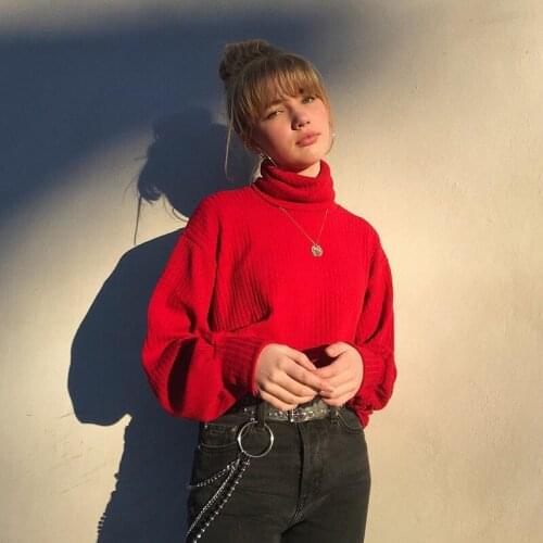 Spring Autumn Winter 2020 Turtleneck Solid Color Knitted Sweater Women Clothing Red Short Tops Casual Female Long Sleeve Cloth
