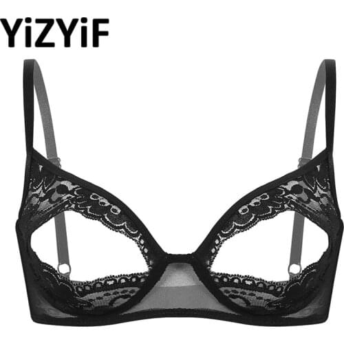 Women Lingerie Open Cup Bra Tops Exotic Open Bras Sheer Lace Floral Nipple Split Bralette Wire-free Unlined Bra Top Nightwear