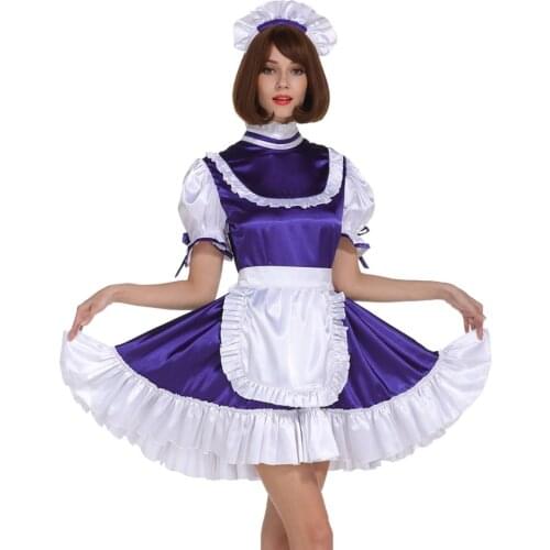 Sissy Girl Maid Frilly Purple Lockable Dress Crossdress Cosplay Costume