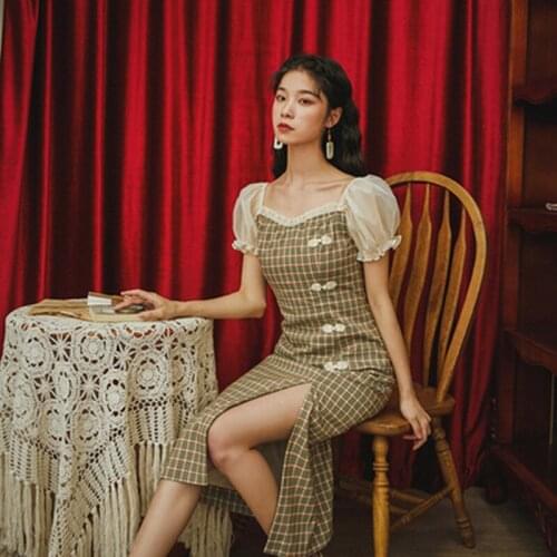 High Quality 2020 Summer Chinese Style Vintage Plaid Women Qipao Dress Short Puff Sleeve Patchwork Long Cheongsam