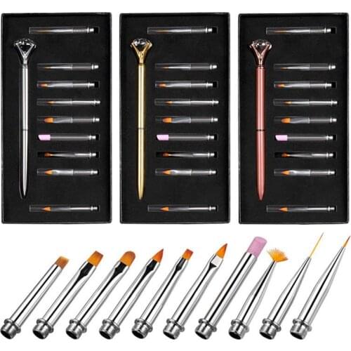 10 Pc/Set Diamond Nail Brush Rhinestone Brush With Replaceable Tip Manicure Pen Set Acrylic Powder Gel Nail Art Tools