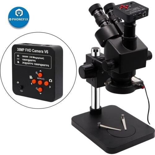 Black Synchronous Simul Focal 7X-45X Trinocular Zoom Stereo Microscope with 38MP HDMI Microscope Camera for Phone PCB Soldering