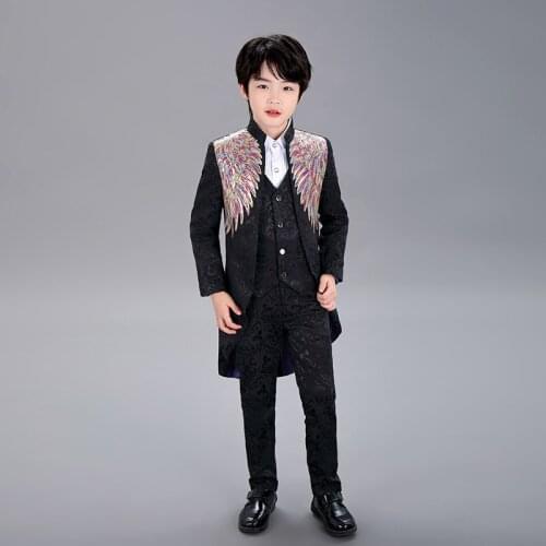 Childrens black jacquard colorful sequins handsome dovetail four-piece stage catwalk little host boy piano performance