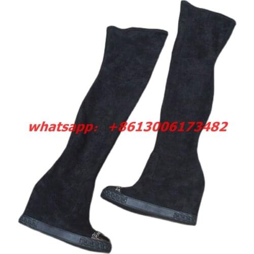 Design woman inner heel metal toe over knee high boots inner wedge heel woman thigh high boots