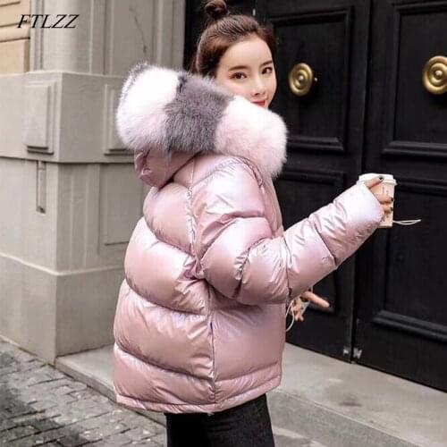 FTLZZ New Winter Duck Jacket Women Artificial Fur Collar Silver Golden Duck Down Coat Hooded Double Sided Waterproof Outerwear