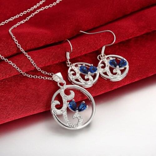 Garilina Brand Designer Silver Color Deep Blue CZ Choker Pendant Earrings Jewelry Sets For Women Bridal Jewelry Sets AS2021