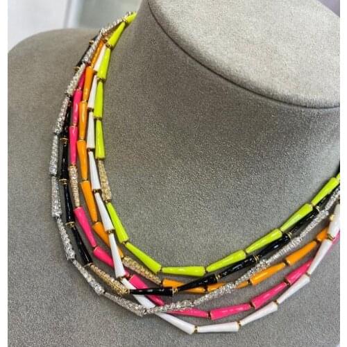 Colorful fashion women jewelry Gold metal spiked charm beads Neon enamel geometric beaded link chain necklace