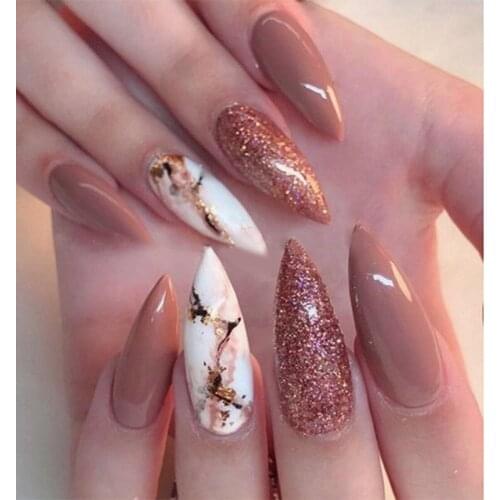 24Pcs/Set Fake Nails Pink Coffin Long Nail Design Glitter Print Nail Stickers Removable Manicure Patch With Glue Nail Art