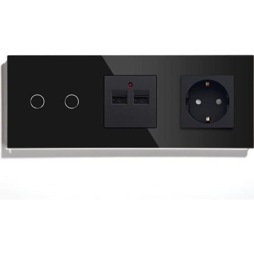 BSEED Wall Socket 2 Gang 2 Way Double USB With EU Standard Socket Crystal Glass Panel White EU Standard