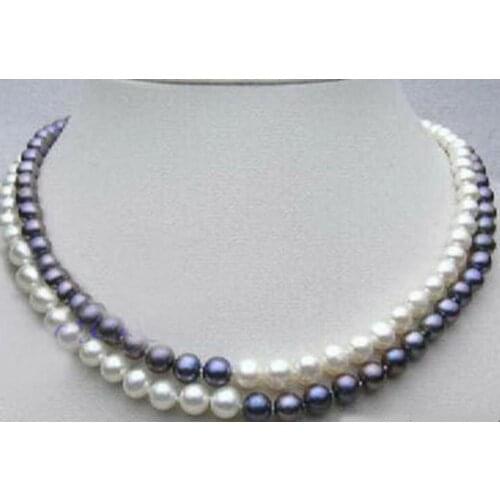 Natural Genuine 7-8mm Black & White Pearl Necklace 17-18 Inches