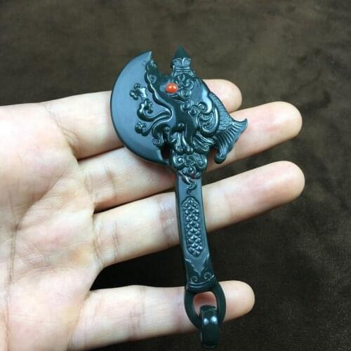 Xinjiang Hetian jade green jade a fine material inlaid in the South Red Dragon Axe pendant hp323