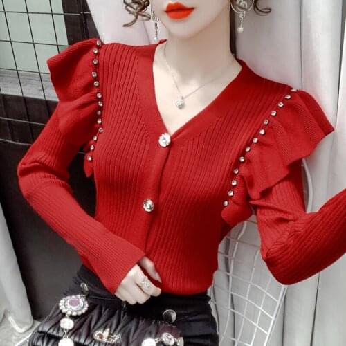 2021 Autumn new French Women Ladies Rhinestone Ruffled Wine Red Black Knit Sweater , Woman Korean Style Slim Knitted Sweaters