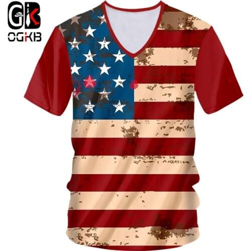 OGKB 3D Tee Shirt Male Hot V Neck Slim Fit T Shirts Printed Red star flag Streetwear 7XL Attire Male Summer personality T-shirt