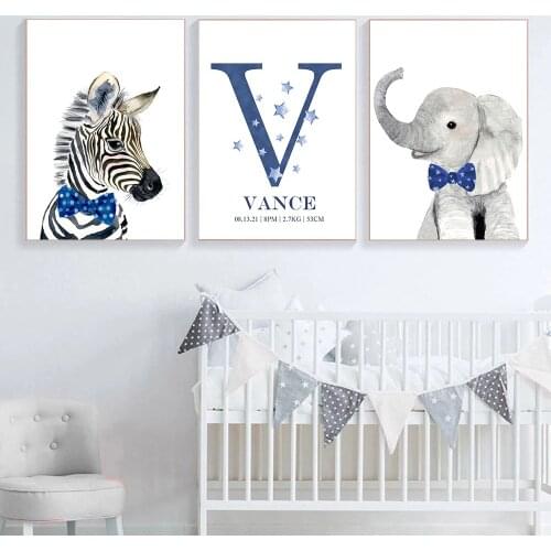 Nordic Animal Poster Rabbit Rabbit Elephant Zebra Nursery Wall Art Decoration Kids Bedroom Picture Custom Name Canvas Painting