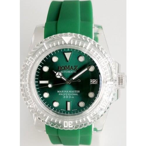 Watch Transparent Case Japanese NH35 Automatic Movement 40mm Acrylic Silicone Strap Green Luminous 09
