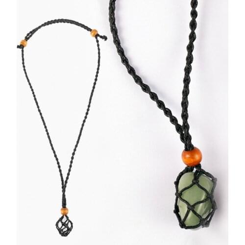 Adjustable Quartz Crystal Stone Necklace Rope DIY Handmade Natural Raw Stone Net Pocket Crystal Healing Stone Weave Rope Necklac