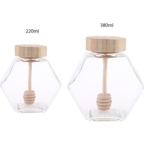 77JF Hexagon Shape Honey Pot, Glass Honey Jar, With Wooden Dipper and Cork Lid Cover, For Home Kitchen, Clear