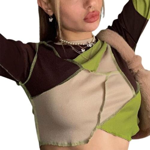 Vintage 90s Thirts Fashion Y2k Aesthetics Patchwork Long Sleeve T-Shirts Streetwear O-Neck Slim Ribbed Crop Tops Casual Tees