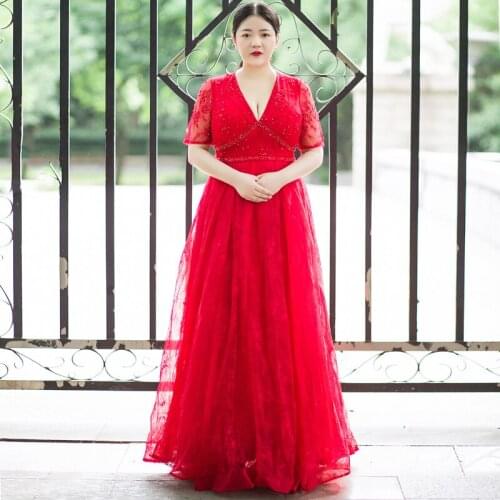 Formal Evening Dresses Plus Size A-Line Three Quarter Floor-Length Sequined Embroider Lace V-Neck Evening Party For Women D059