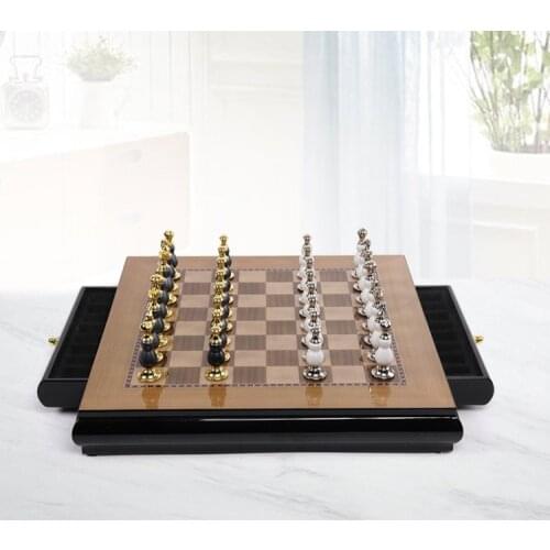High-end wooden chess board set Creative zinc alloy paint chess pieces living room craft gift decoration