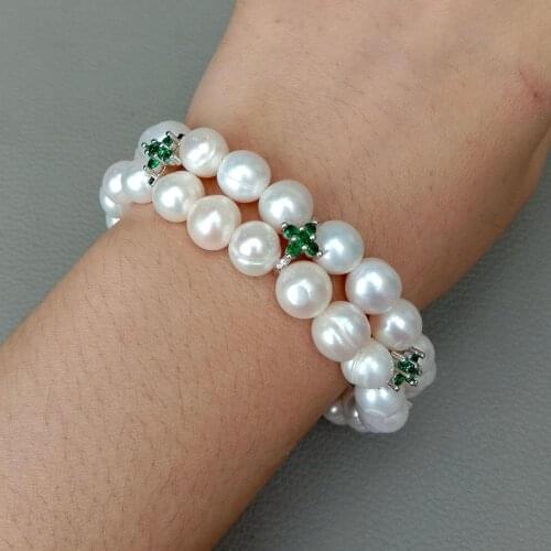 YYGEM 8" natural Cultured White Rice freshwater Pearl green Cz flower Spacer Stretch Bracelet Handmade jewelry for women
