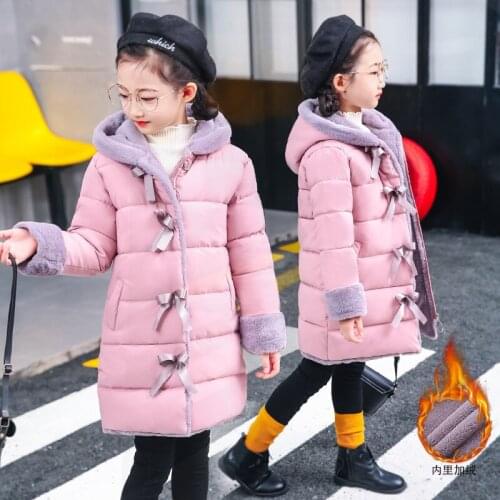 Girls Thick Fur Hooded Cold Winter Warm Caots Solid Color Bowtie Button Mid-Long Winter Outwear Jackets