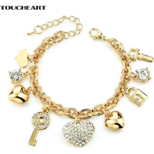 TOUCHEART Imitation Heart Key Charms Bracelets & Bangles For Women Jewelry Making Gold Crystal Wedding Bracelet Femme SBR140221