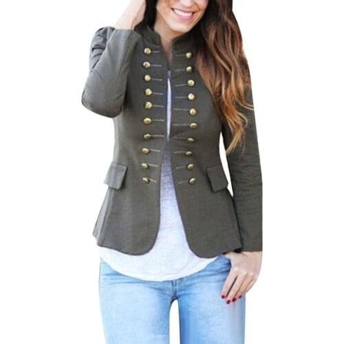 Office Lady Autumn Blazer Suit Jacket Solid Color Double-breasted Stand Collar Long Sleeve Slim Business Tailored Coat