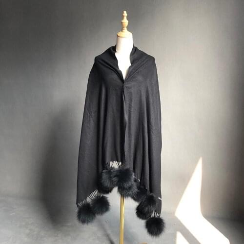 Women scarf winter oversize cashmere shawl pure scarf natural fox fur ball pom pom shawl