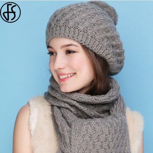 FS Winter Hat Set For Women Beanie Hats Rabbit Fur Knitted Caps For Ladies Elegant Warm Scarf Suit Autumn Solid Bonnet 2020