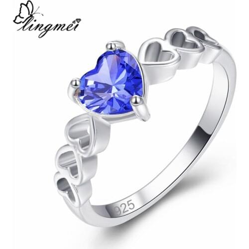 Lingmei Solitaire Style Heart Silver Color Jewelry Wedding Blue & Multi & Green Zircon Silver Color Ring Size 6-9 For Women