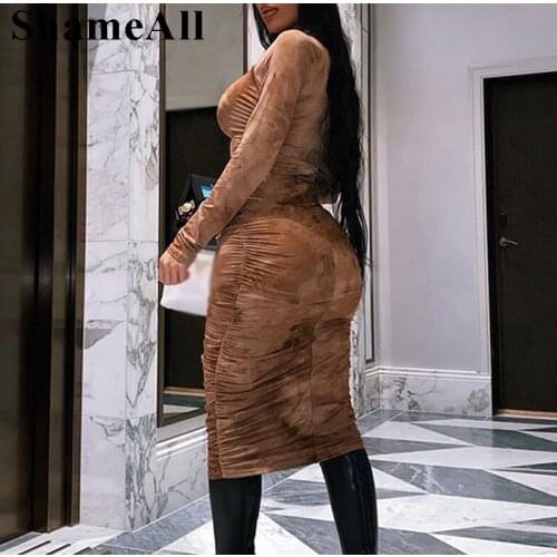 Plus Size Brown Ruched Paisley Print Midi Bodycon Dress 4XL Street Club Zipper Turtleneck Long Sleeve Pleated Bandage Dresses
