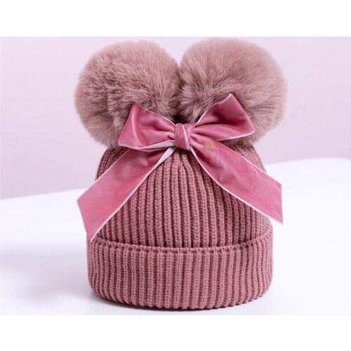 Double ball bowknot cute childrens knitted hat for autumn and winter new cotton warm baby hat kids hats 6-36 months