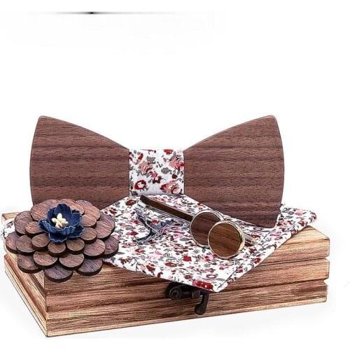 Fashion Bow Ties for Men Blue Bowtie Cufflinks Pocket Square Tie Set Totem Print Ties Cravat Wood Ties Detachable Collar