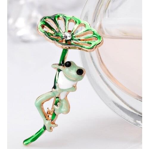 Fashion Green Enamel Lotus Leaf Brooches Cuter Frog Brooch Gifts for Women Boy Crystal Pins Wedding Jewelry Accessories