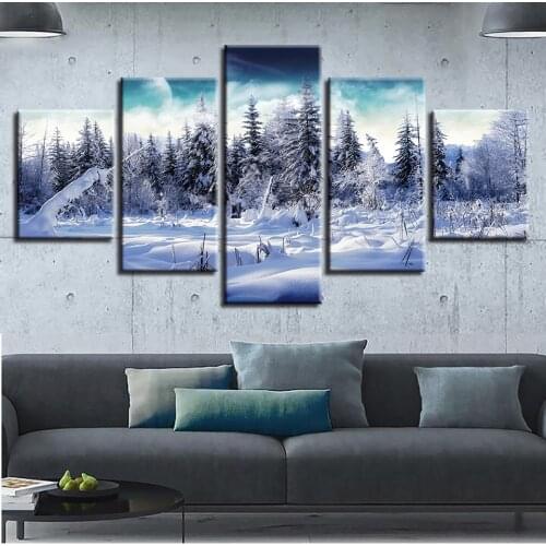 5 Panel Modular Posters Wall Art Canvas HD Printed Oil Paintings Winter Snow Forest Trees Natural Landscape Pictures Home Decor