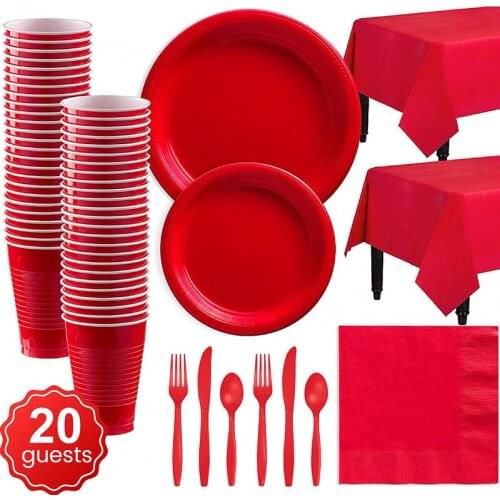 142pcs Solid Color For 20 People Red Blue Pink Party Set Disposable Plastic Plate Cup Birthday Party Decoration Baby Shower