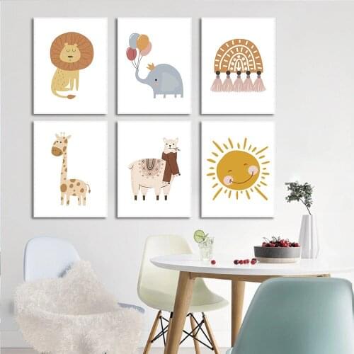 Wall Art Cartoon Lion Elephant Giraffe Nordic Canvas Painting Posters and Prints Pictures Home Living Room Decor (No Frame)