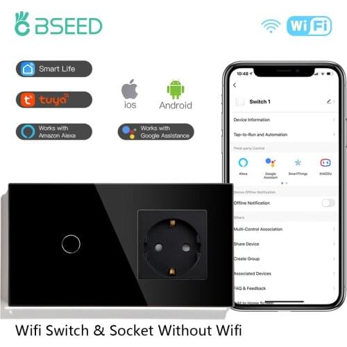 BSEED Wall Wifi Light Switches 1/2/3Gang 1/2/3/4Way Smart Touch Sensor Lamp Switches EU Power Wall Socket Without Wifi Glass