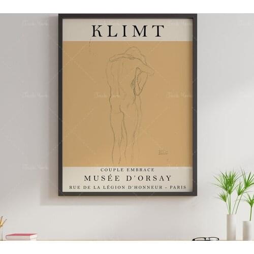 Gustav Klimt Exhibition Poster, Couple Embrace, Vintage Art, Minimalist Poster, Line Drawing, Art Print, Bedroom, Ideal Gift