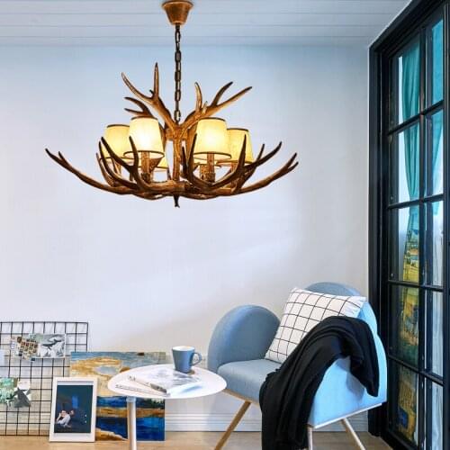 Retro antler chandelier Resin Cloth lamps 6 Heads villa duplex building living room restaurant clothing store Home lights PA0117