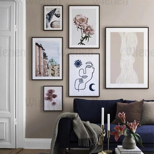 Nordic Poster Canvas Painting Pink Flower Building Butterfly Abstract Line Face Picture Wall Art Scandinavian Home Decor Unframe