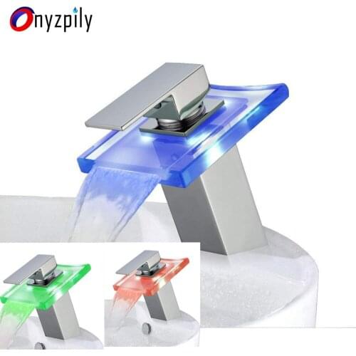 LED Glass Spout Sink Tap Basin Faucet Chrome Polished Waterfall Single Spout Deck Mounted Mixer Faucet