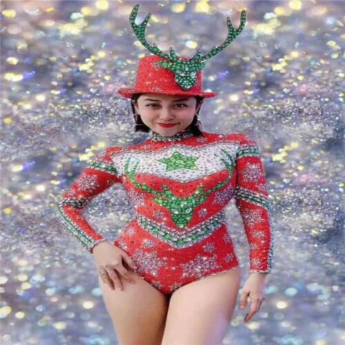 T86 Women ballroom dance stage costumes elastic long sleeve female bodysuit rhinestone red jumpsuit disco dress bar party wears