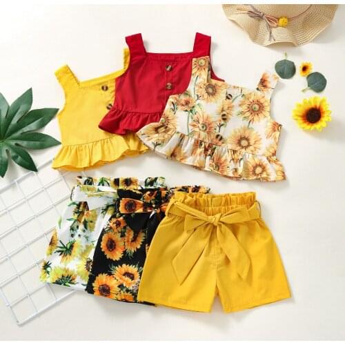FOCUSNORM 1-4Y Summer Baby Girls Sweet Clothes Sets Ruffles Sleeveless Vest Tops Sunflowers Printed Shorts 2PCS Outfits